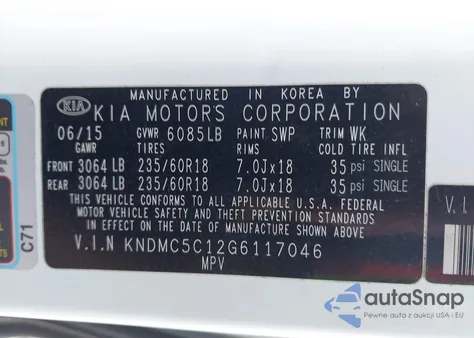 2016 Kia Sedona Ex from USA, damaged, VIN KNDMC5C12G6117046